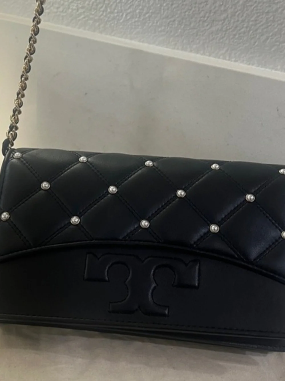 Tory Burch Black Quilted Pearl-Stud Crossbody with Chain Strap